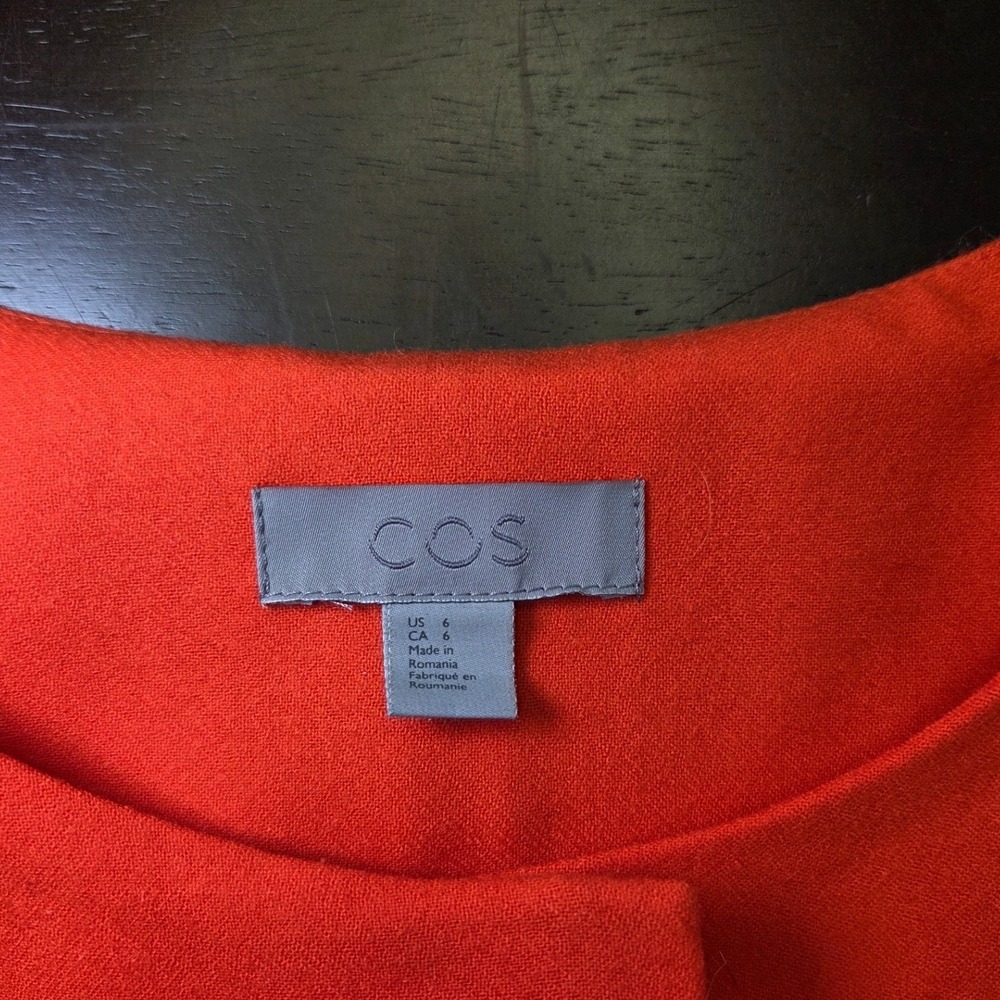COS Orange Wool Blend Belted Collarless Dress Womens Size 6 Patch Pockets - Picture 5 of 7